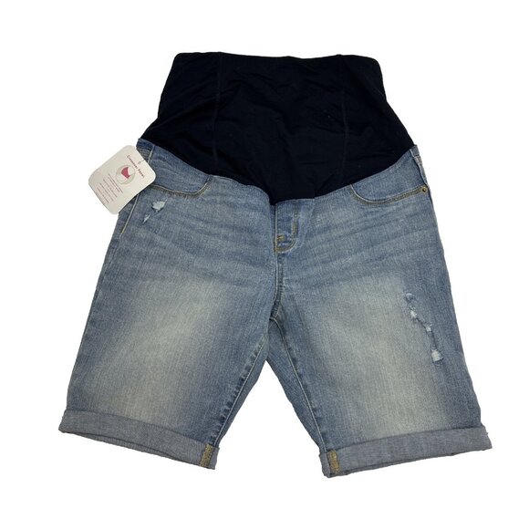 Isabel Maternity Womens Size 8 Bermuda Jean Shorts Blue Denim Cuffed Stretch - Picture 1 of 7